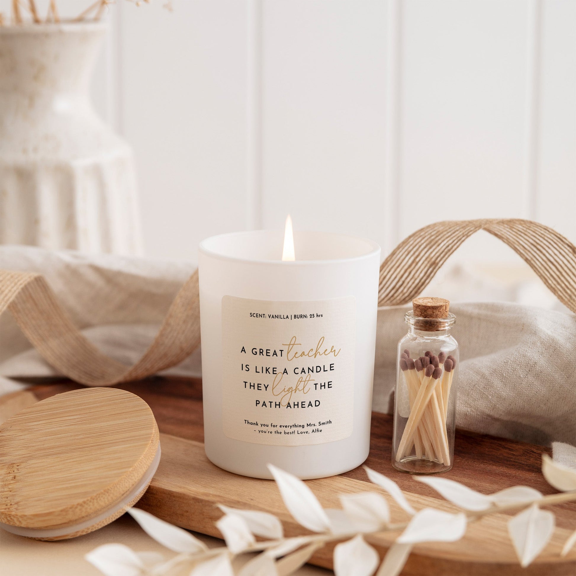 Personalized Teacher Quote Candle, Inspirational Thank You Gift for Educator, Custom Message Keepsake with Matches