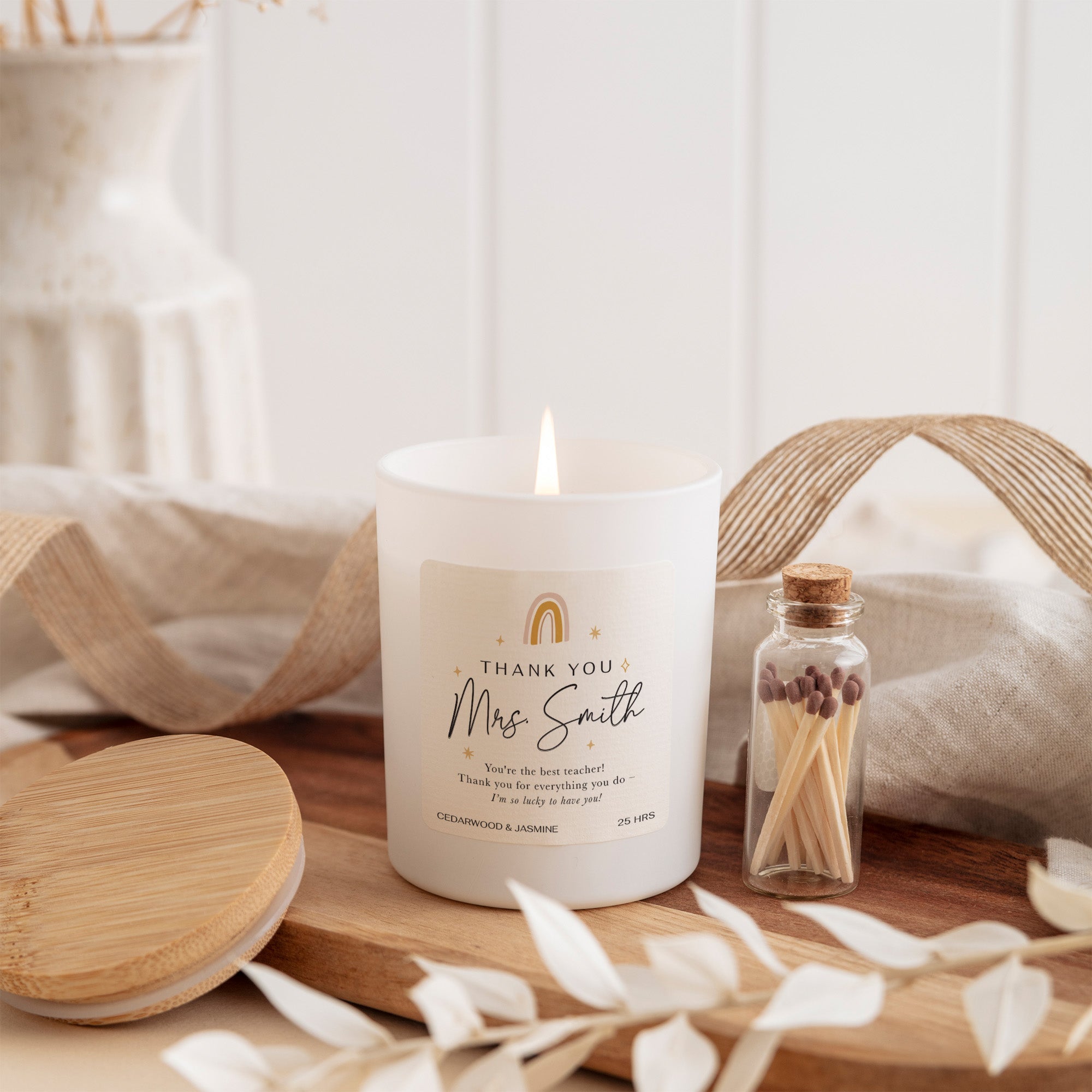 Personalized Teacher Thank You Candle, Custom Name Gift for Educator from Student, Appreciation Keepsake with Matches