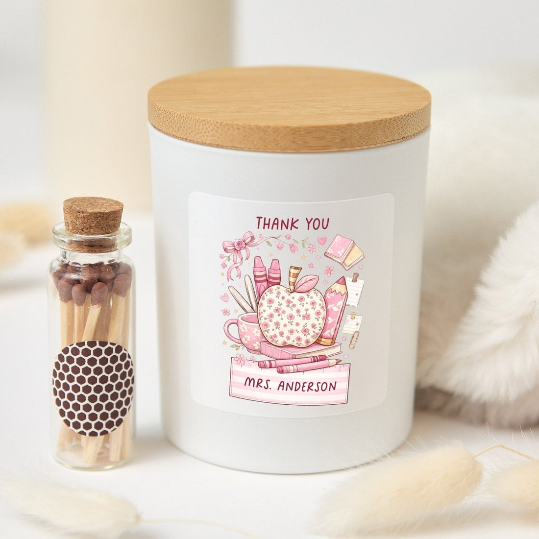 Personalized Teacher Thank You Candle, Custom Name Gift For Mrs, Apple Classroom Appreciation Present With Box