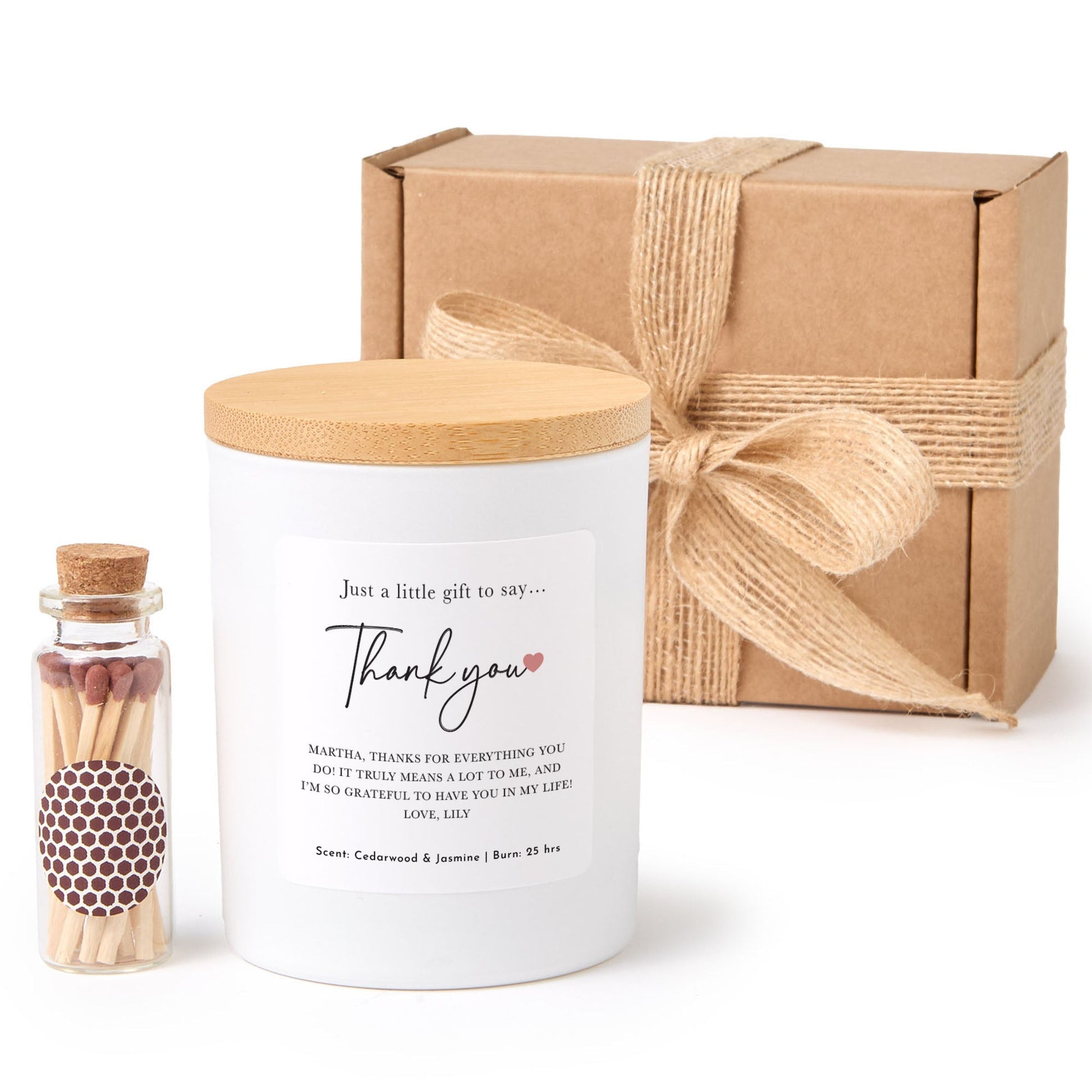 Personalized Thank You Candle, Thoughtful Gift with Custom Message for Teacher Friend or Mentor, Matches Included
