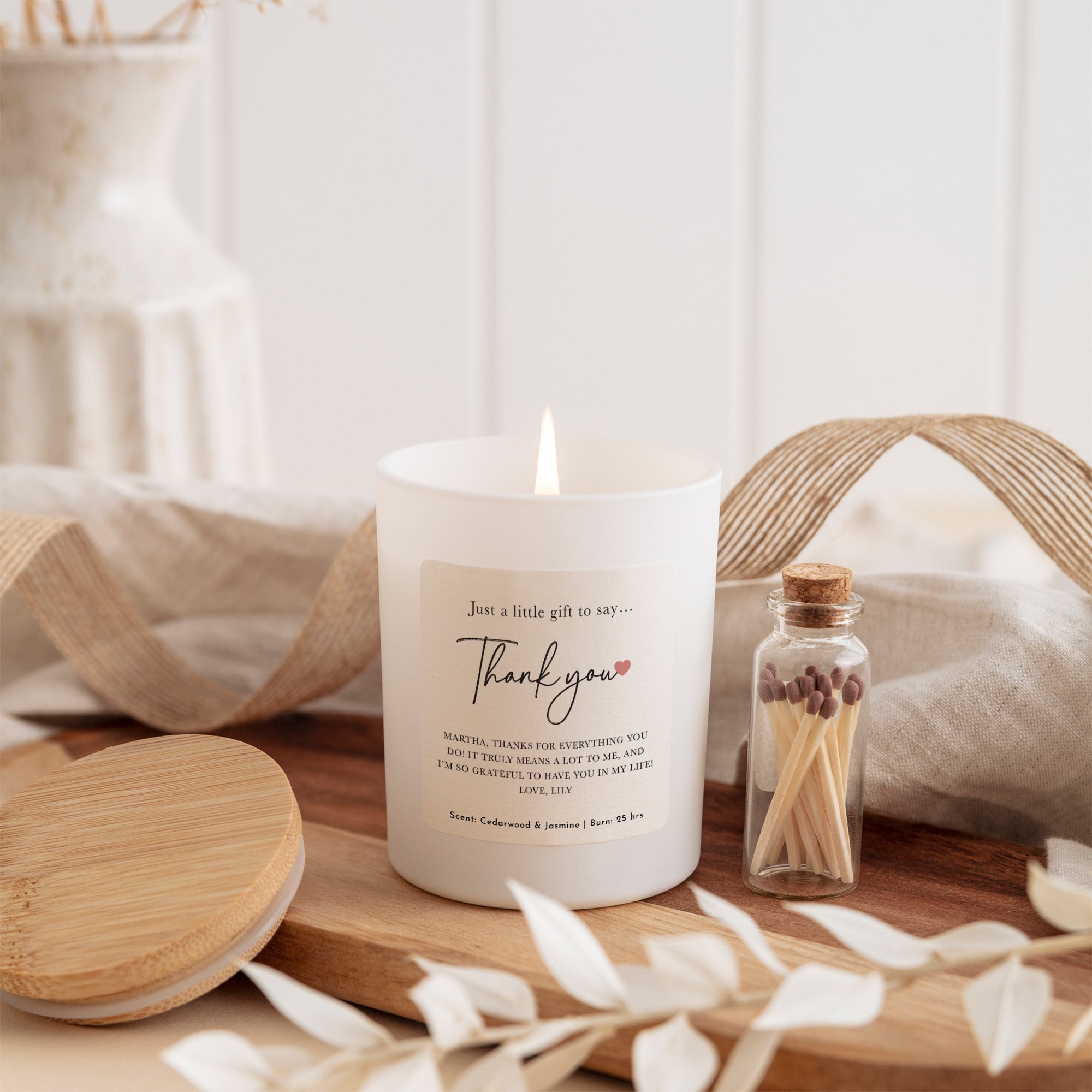 Personalized Thank You Candle, Thoughtful Gift with Custom Message for Teacher Friend or Mentor, Matches Included