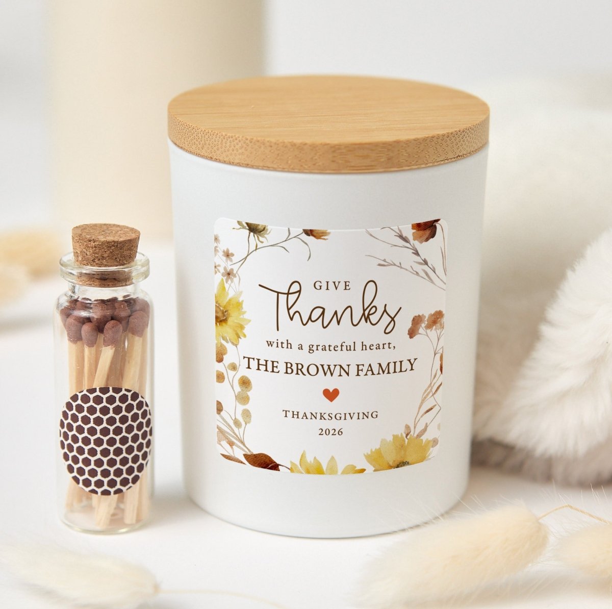 Personalized Thanksgiving Candle for Family, Give Thanks with a Grateful Heart, Floral Label, Gift Box and Matches