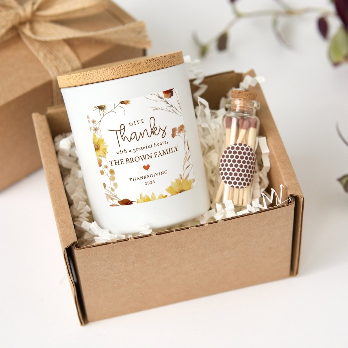 Personalized Thanksgiving Candle for Family, Give Thanks with a Grateful Heart, Floral Label, Gift Box and Matches