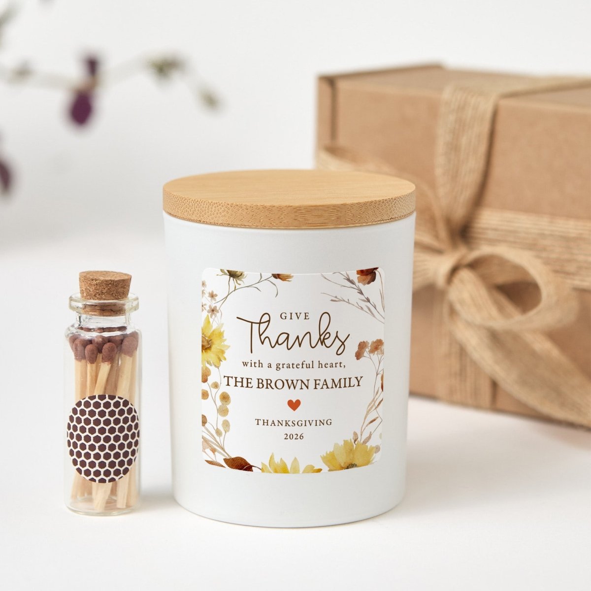 Personalized Thanksgiving Candle for Family, Give Thanks with a Grateful Heart, Floral Label, Gift Box and Matches