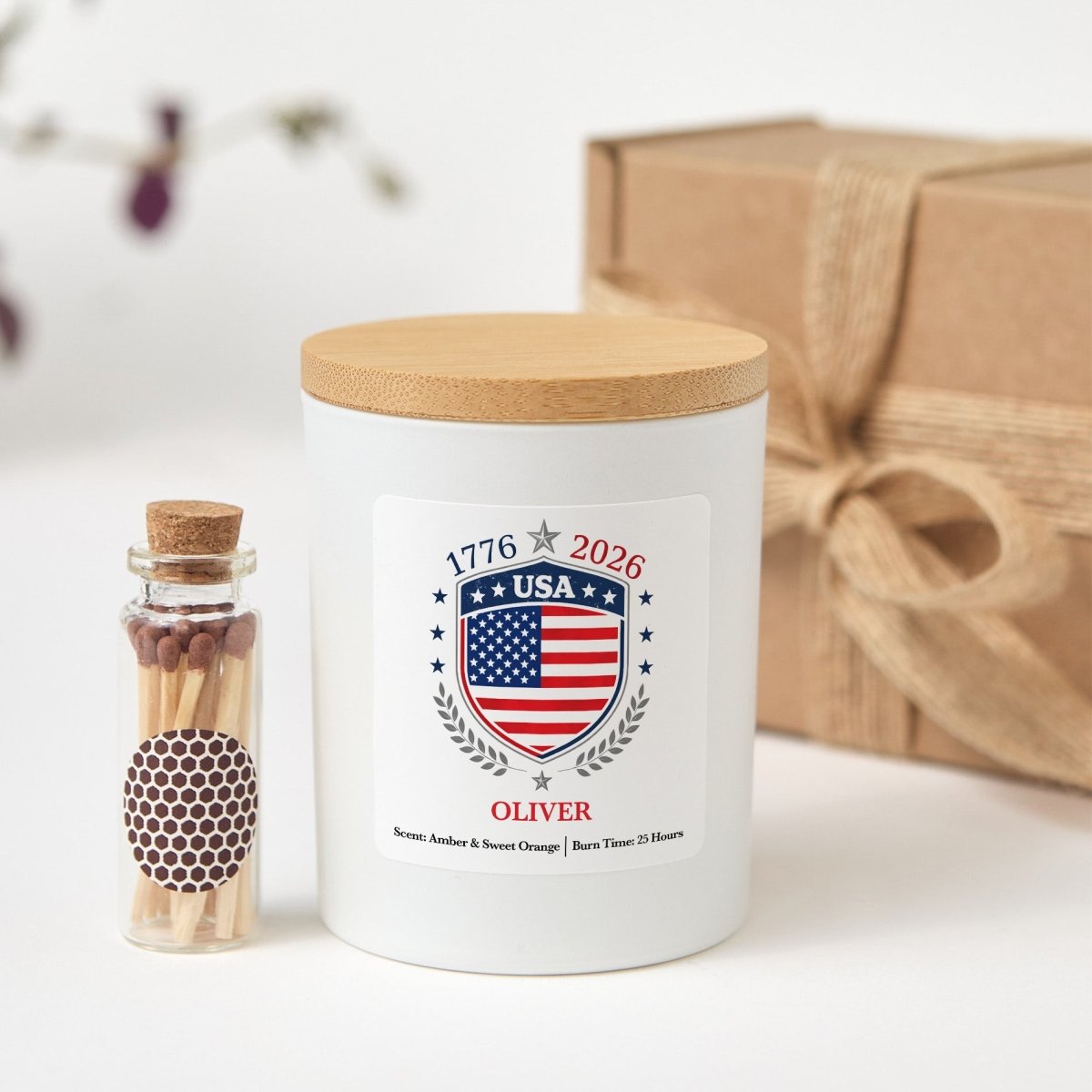 Personalized USA 1776 - 2026 Candle, Custom Name Patriotic Shield Gift, America Keepsake With Gift Box