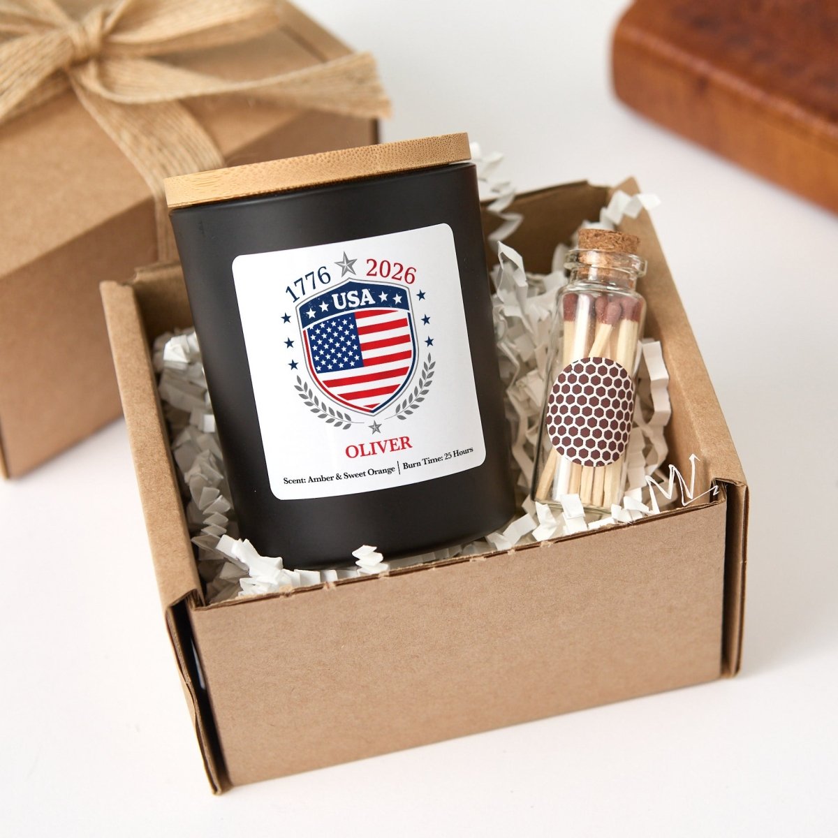 Personalized USA 1776 - 2026 Candle, Custom Name Patriotic Shield Gift, America Keepsake With Gift Box