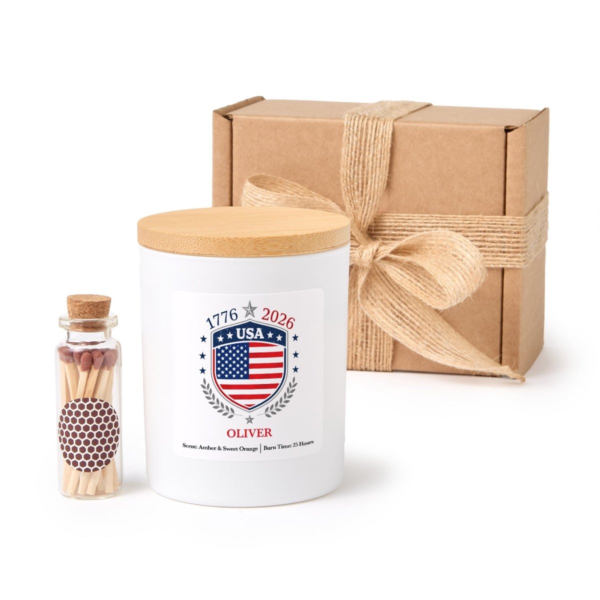 Personalized USA 1776 - 2026 Candle, Custom Name Patriotic Shield Gift, America Keepsake With Gift Box