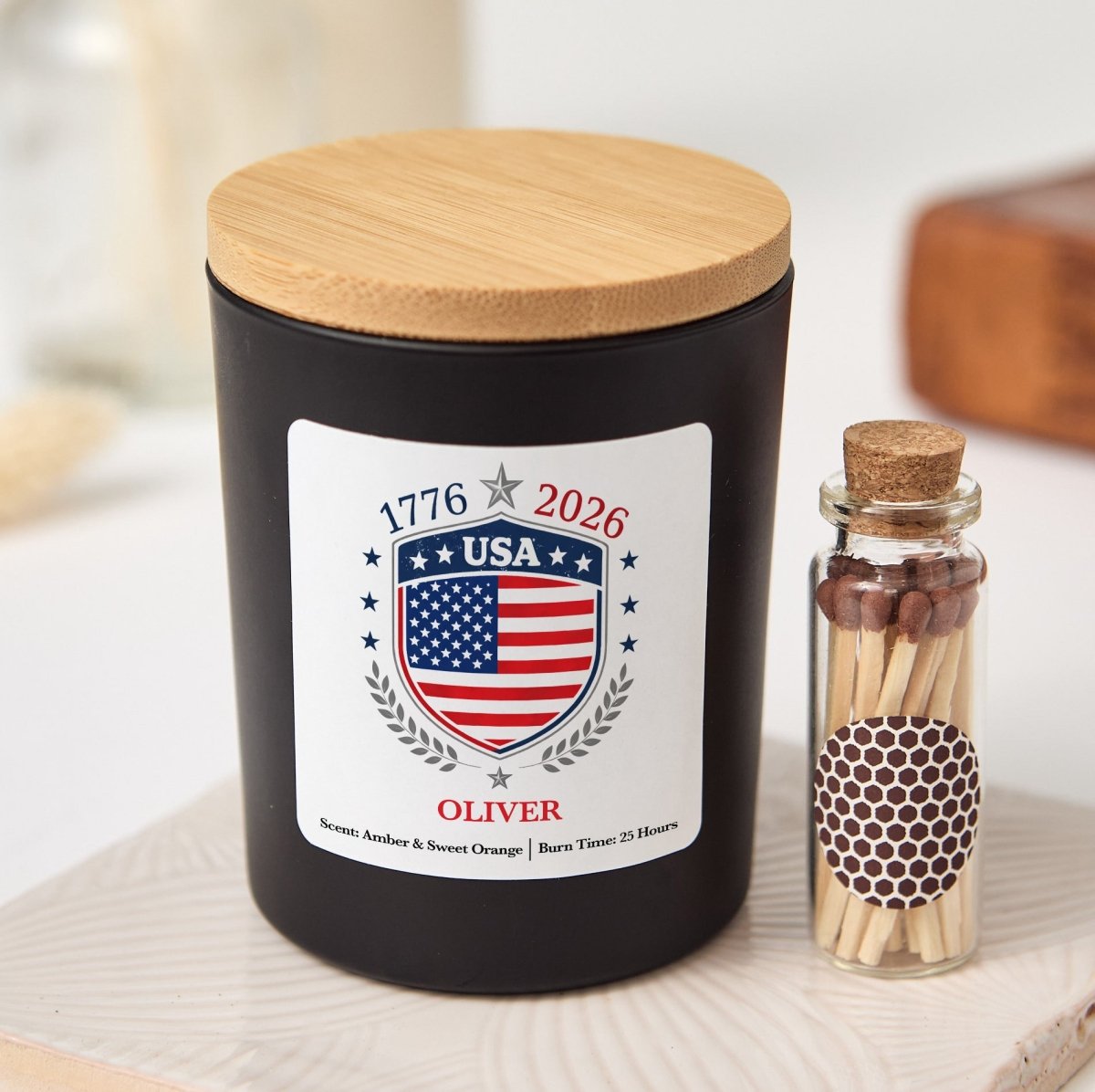 Personalized USA 1776 - 2026 Candle, Custom Name Patriotic Shield Gift, America Keepsake With Gift Box