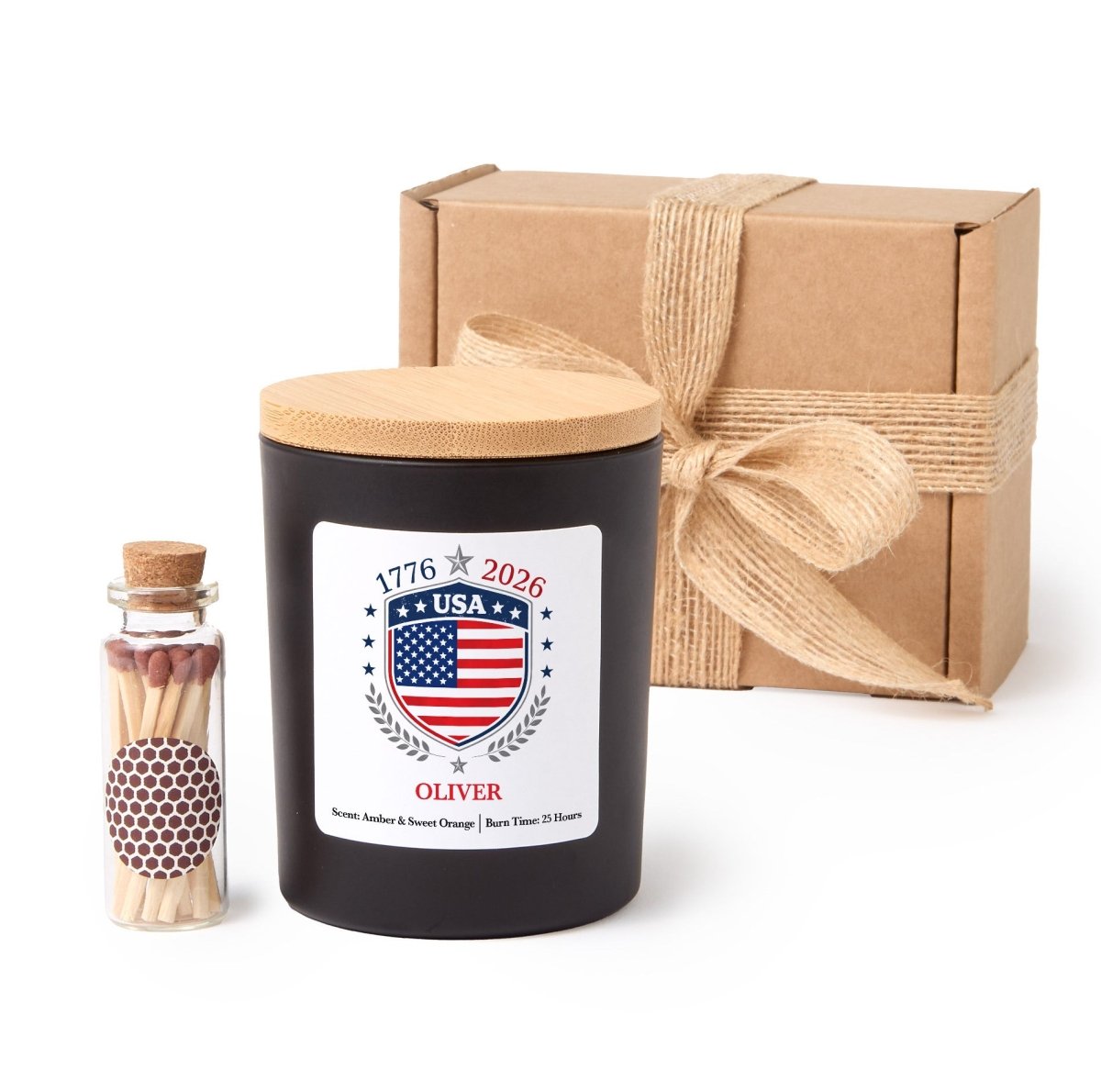 Personalized USA 1776 - 2026 Candle, Custom Name Patriotic Shield Gift, America Keepsake With Gift Box