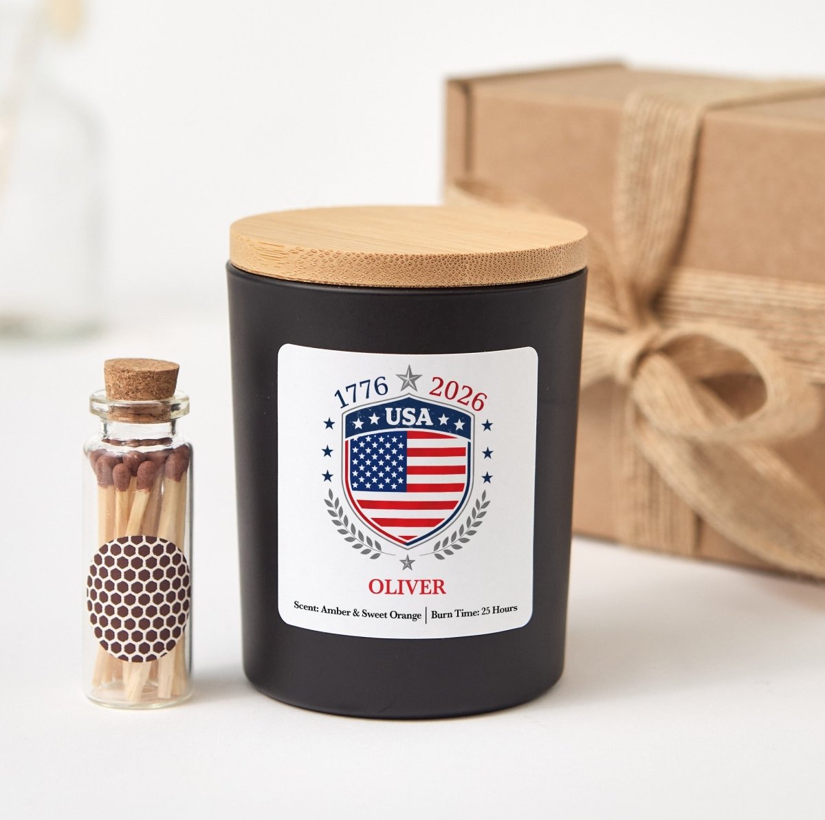 Personalized USA 1776 - 2026 Candle, Custom Name Patriotic Shield Gift, America Keepsake With Gift Box