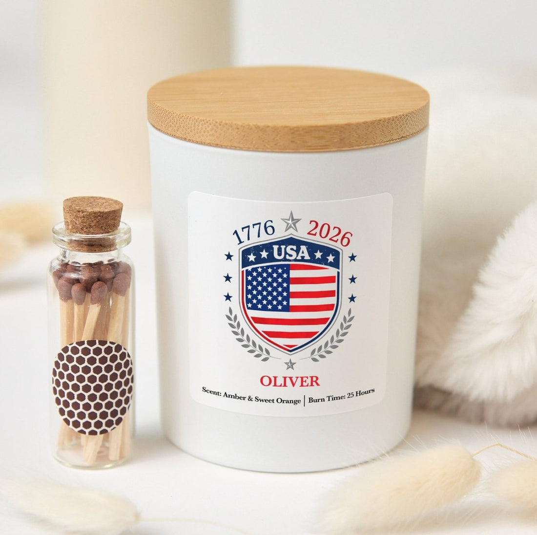 Personalized USA 1776 - 2026 Candle, Custom Name Patriotic Shield Gift, America Keepsake With Gift Box
