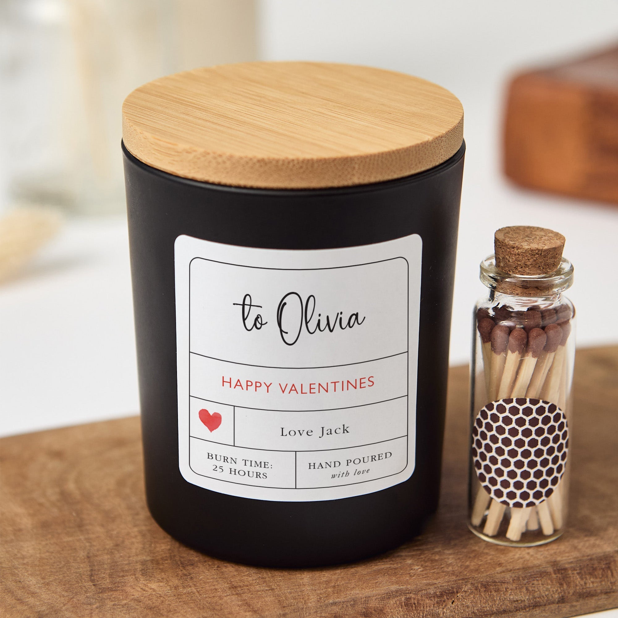Personalized Valentine Candle Gift Set with Matches and Box, Custom Name Candle for Her Him