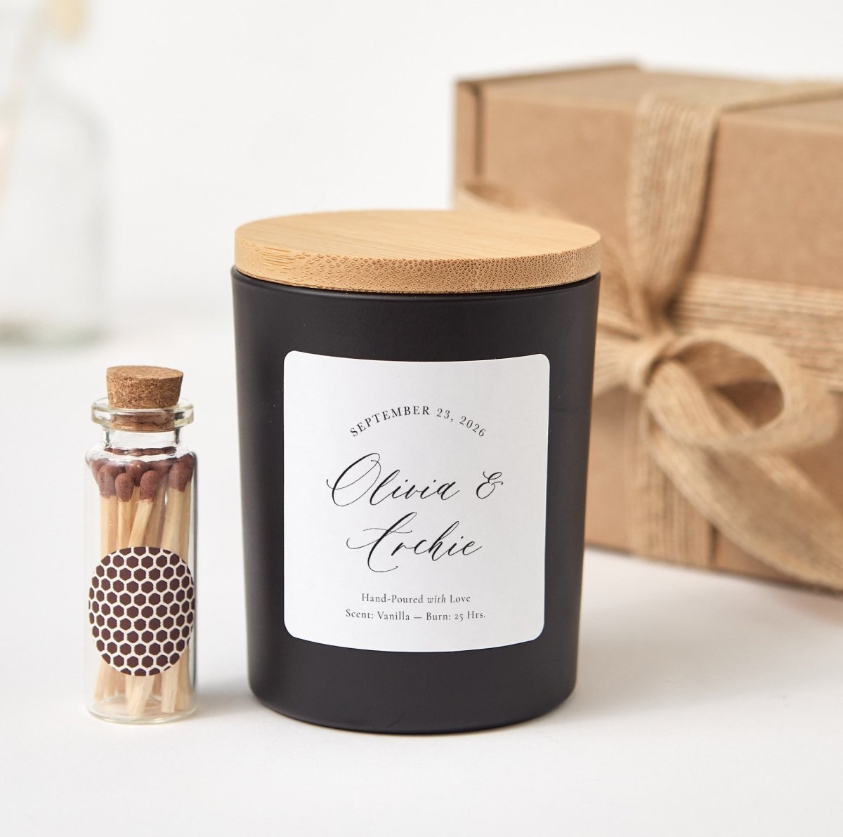 Personalized Wedding Candle, Custom Names And Date Favor, Minimal Bridal Shower Gift With Box And Matches