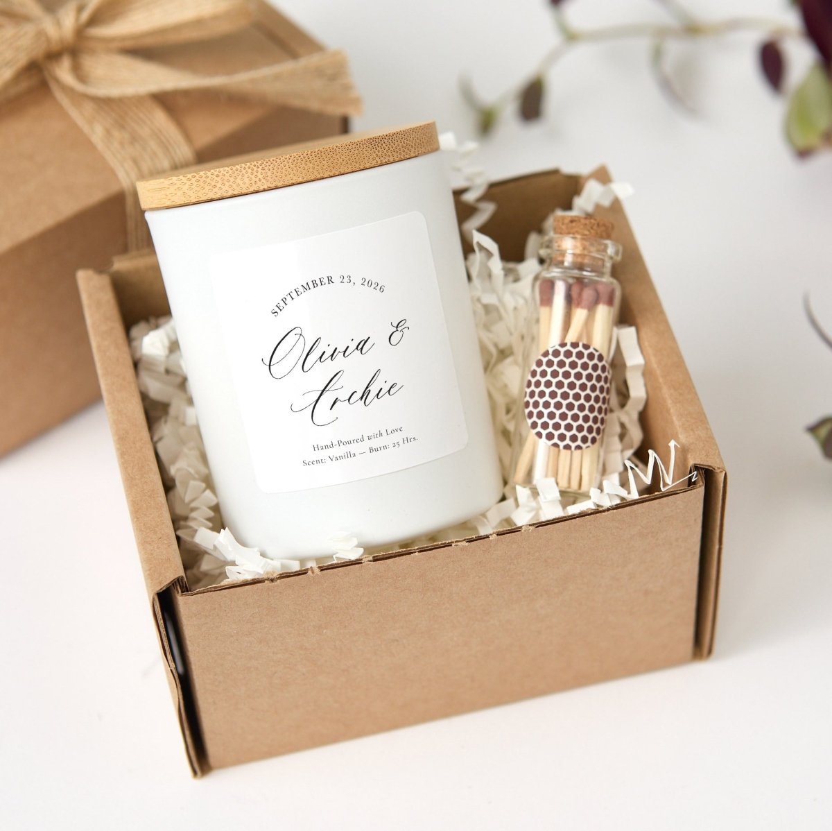 Personalized Wedding Candle, Custom Names And Date Favor, Minimal Bridal Shower Gift With Box And Matches