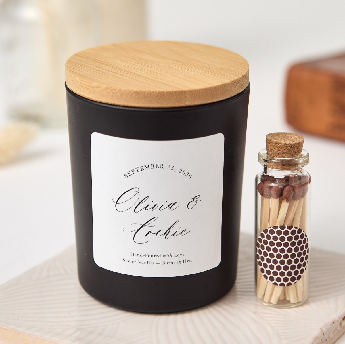 Personalized Wedding Candle, Custom Names And Date Favor, Minimal Bridal Shower Gift With Box And Matches