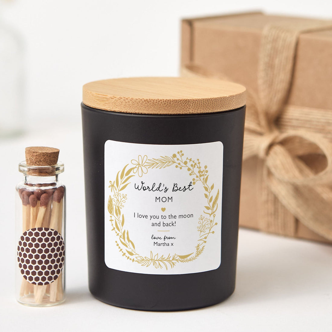 Personalized World’s Best Mom Scented Candle Gift | Elegant Gold Floral Label with Gift Box and Mini Matches