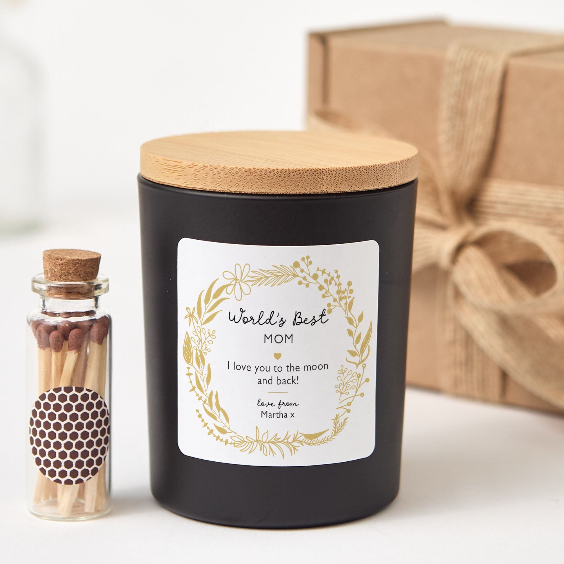 Personalized World’s Best Mom Scented Candle Gift | Elegant Gold Floral Label with Gift Box and Mini Matches