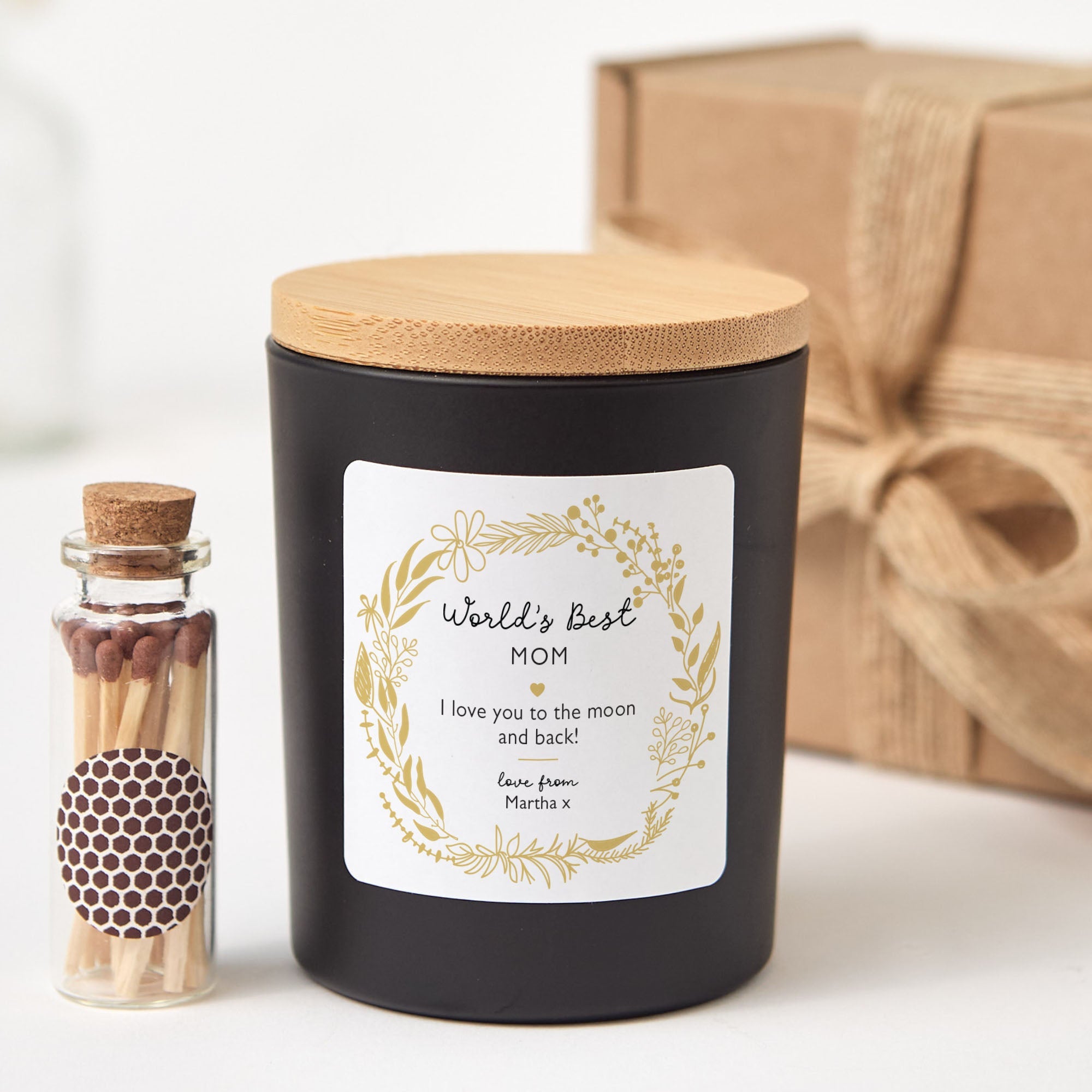 Personalized World’s Best Mom Scented Candle Gift | Elegant Gold Floral Label with Gift Box and Mini Matches