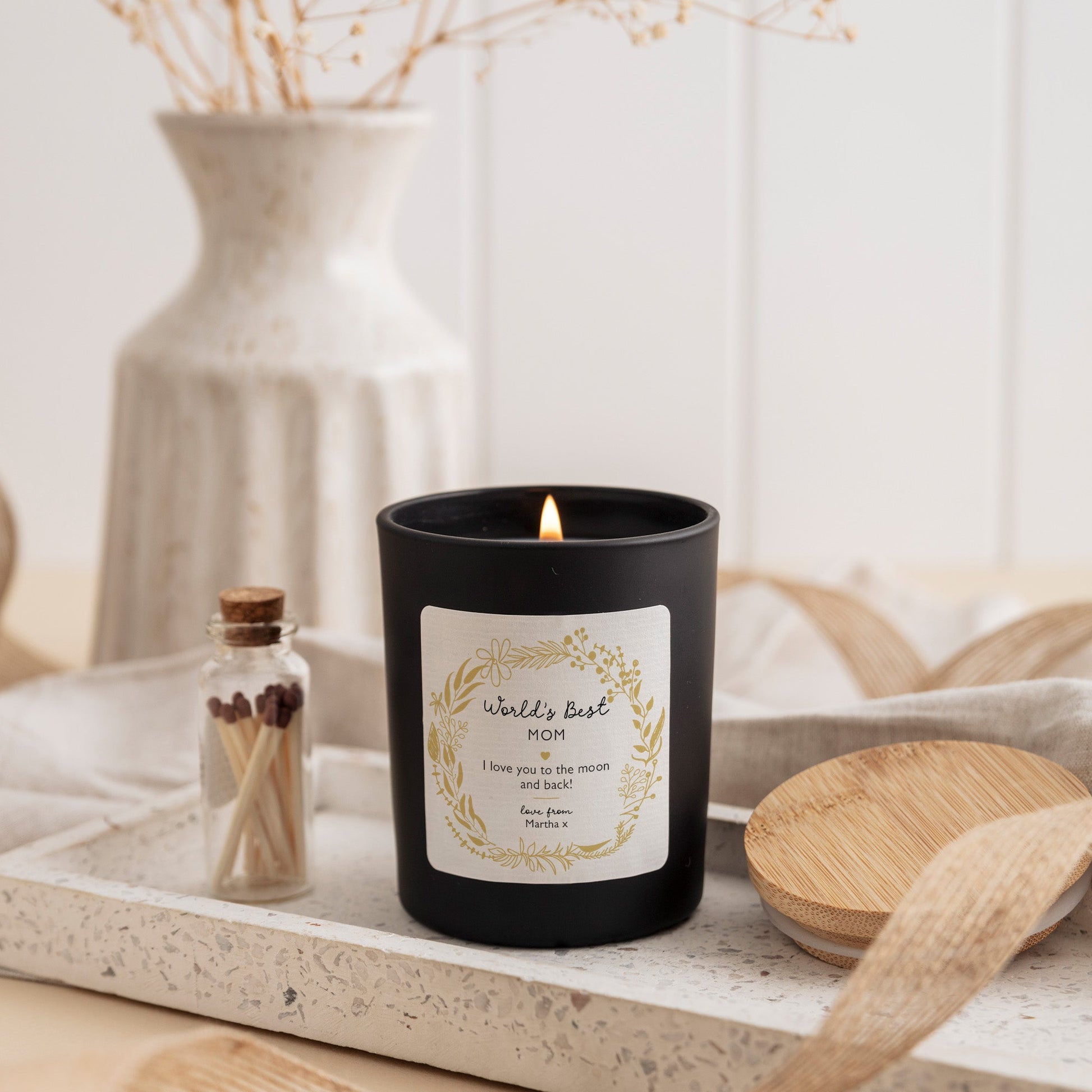 Personalized World’s Best Mom Scented Candle Gift | Elegant Gold Floral Label with Gift Box and Mini Matches