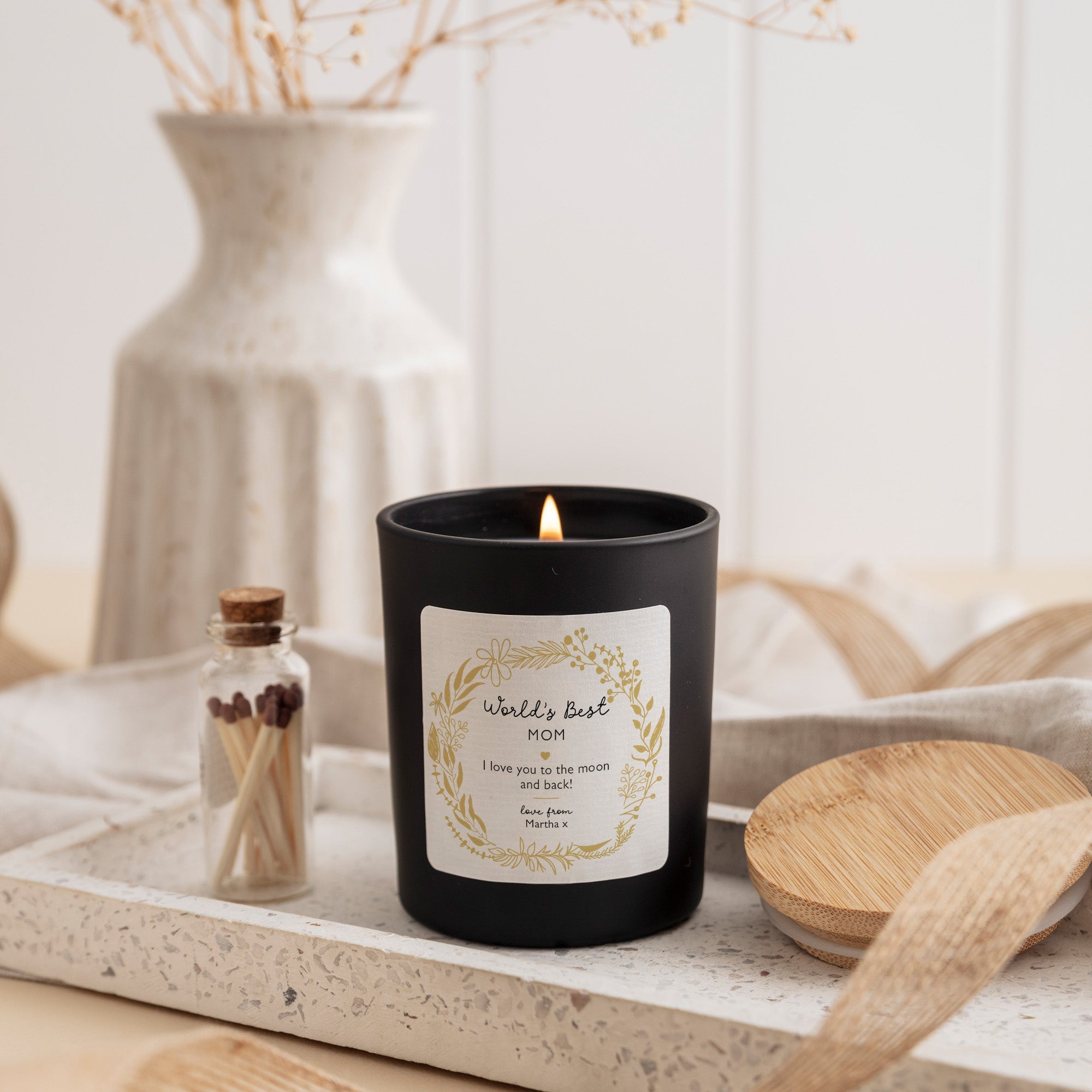Personalized World’s Best Mom Scented Candle Gift | Elegant Gold Floral Label with Gift Box and Mini Matches