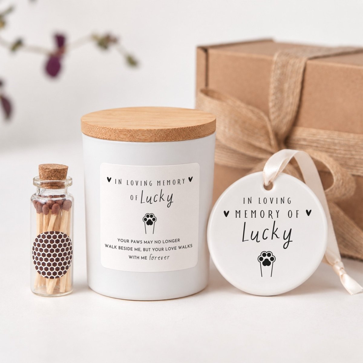 Pet Memorial Candle, In Loving Memory of Lucky; Dog Loss Sympathy Gift with Keepsake Ornament and Gift Box