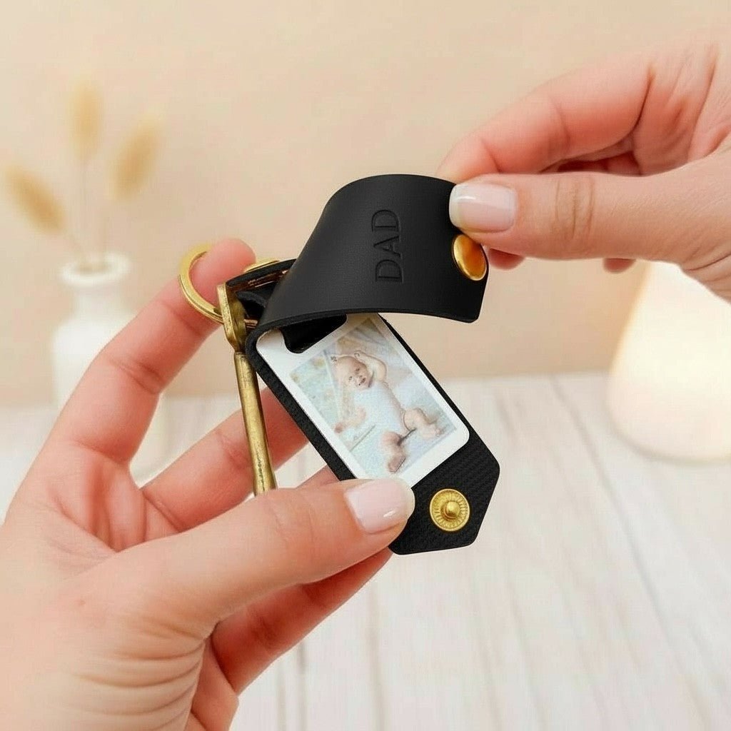 Photo Keyring for Dad, Father's day Birthday Christmas Gift for Him. Black PU Leather Keychain