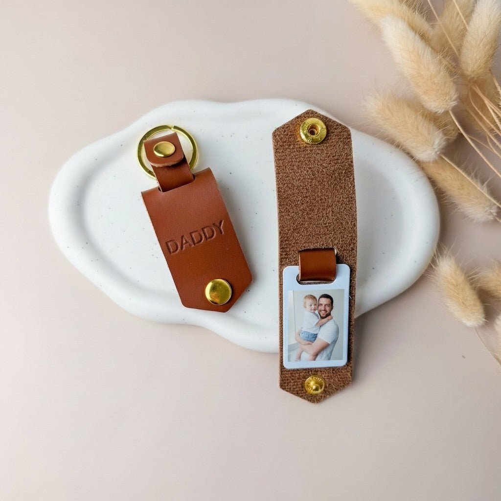 Photo Keyring for Daddy, Father's day Birthday Gift for Him. Brown PU Leather Keychain