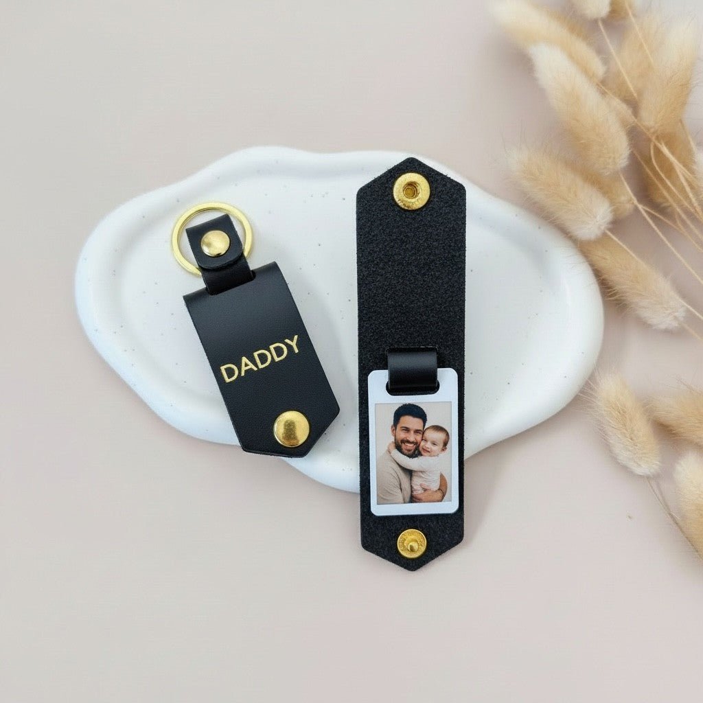 Photo Keyring for Daddy, Father's day Birthday Gift for Him. Brown PU Leather Keychain