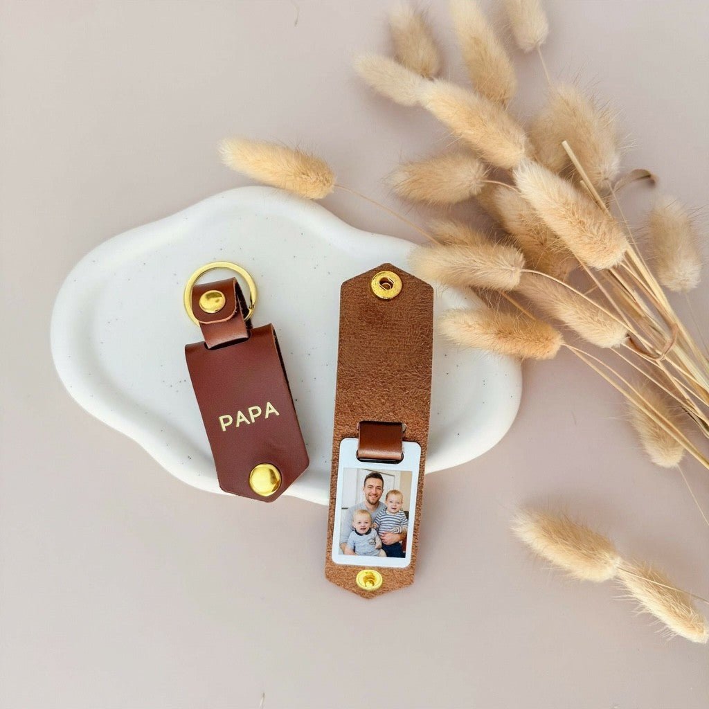 Photo Keyring for Daddy, Father's day Birthday Gift for Him. Brown PU Leather Keychain
