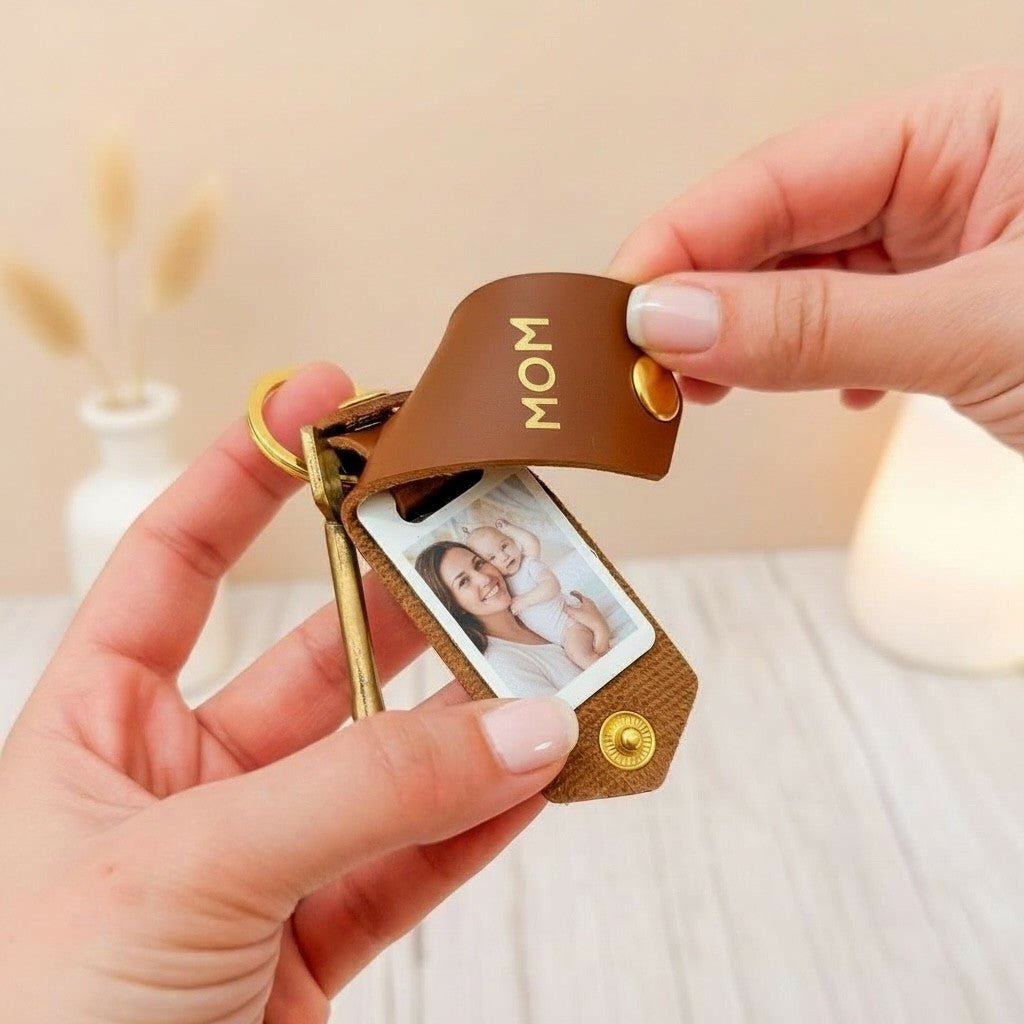 Photo Keyring for Mom, Mother's day Birthday Gift for Her. Mint PU Leather Keychain