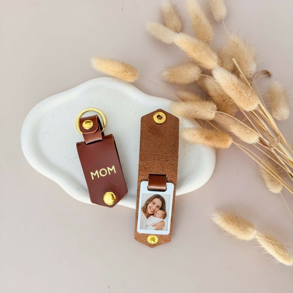 Photo Keyring for Mom, Mother's day Birthday Gift for Her. Mint PU Leather Keychain