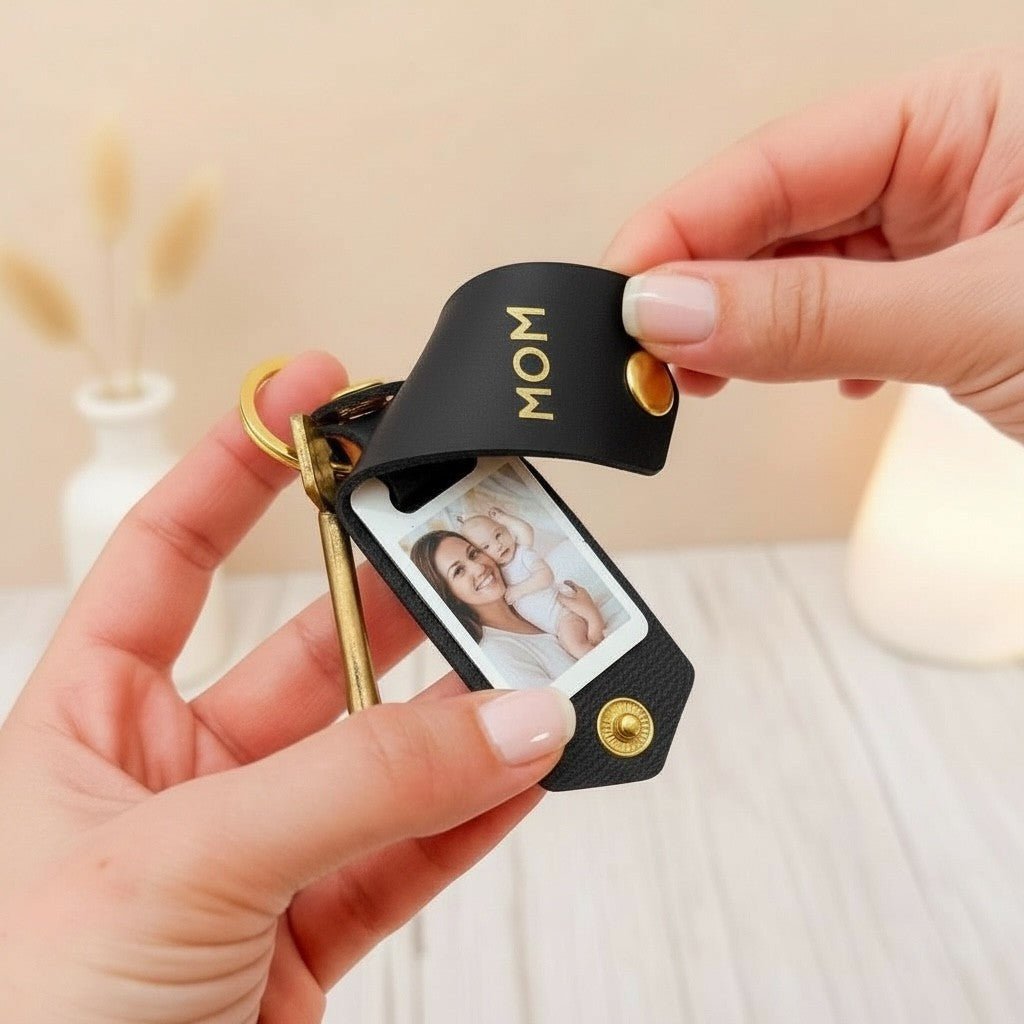 Photo Keyring for Mom, Mother's day Birthday Gift for Her. Mint PU Leather Keychain