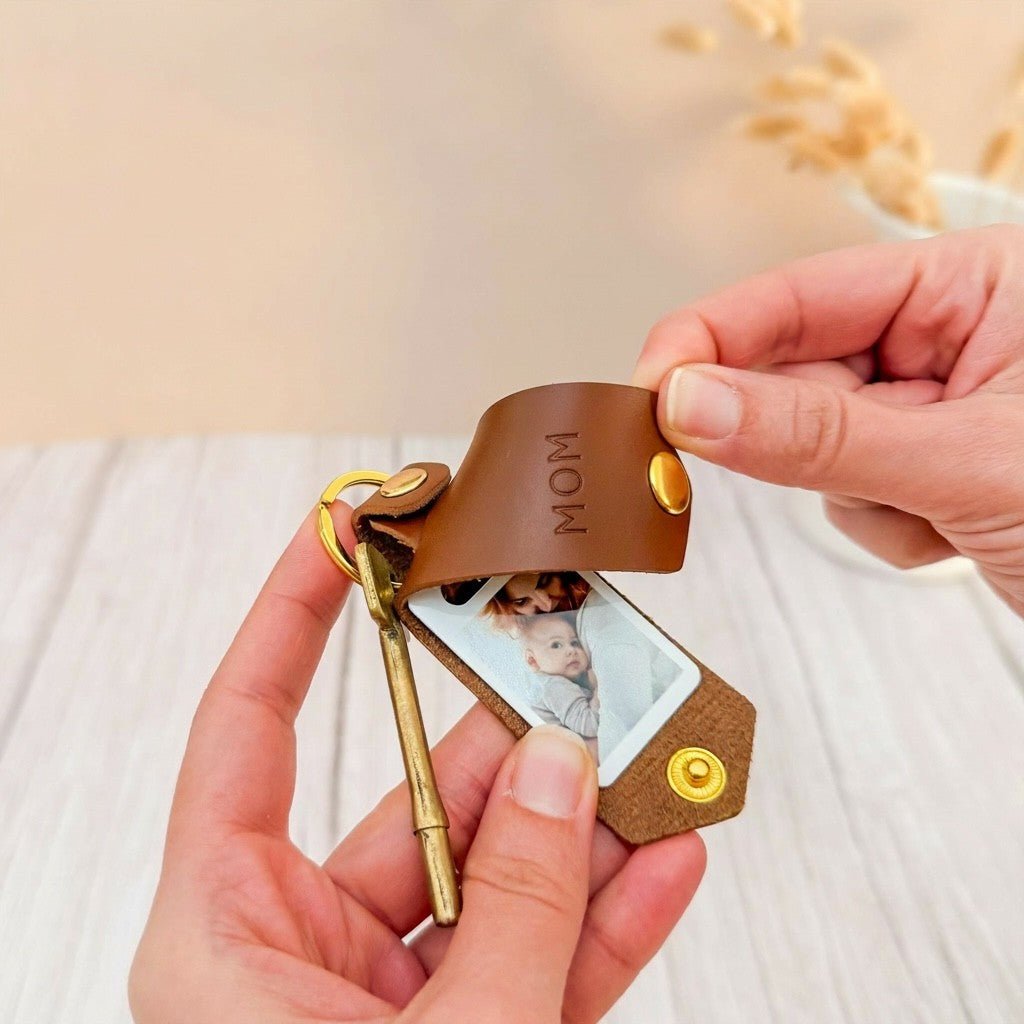 Pink Photo Keyring for Mom, Mother's day Birthday Christmas Gift for Her. PU Leather Keychain