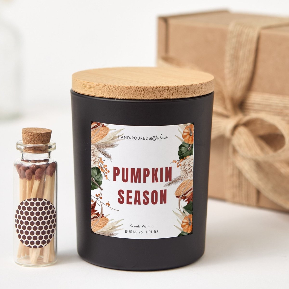 Pumpkin Season Soy Candle, Fall Autumn Hostess Gift, Vanilla Scented Jar with Wooden Lid, Gift Box and Matches