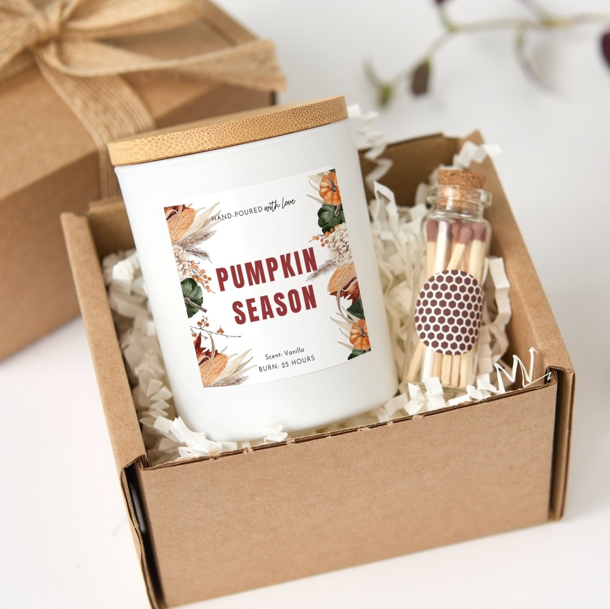 Pumpkin Season Soy Candle, Fall Autumn Hostess Gift, Vanilla Scented Jar with Wooden Lid, Gift Box and Matches