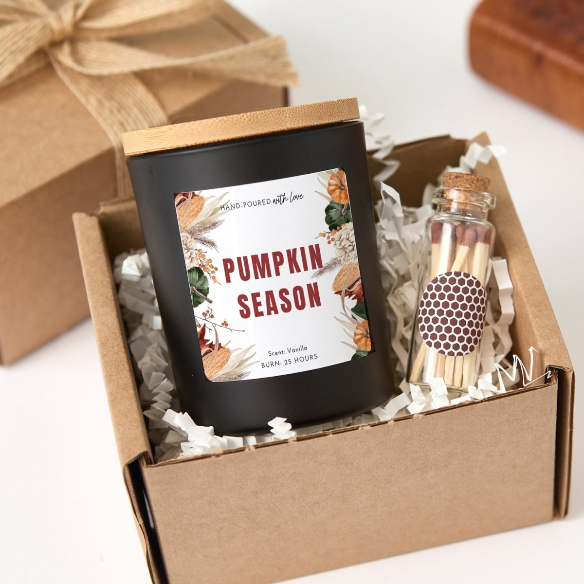 Pumpkin Season Soy Candle, Fall Autumn Hostess Gift, Vanilla Scented Jar with Wooden Lid, Gift Box and Matches