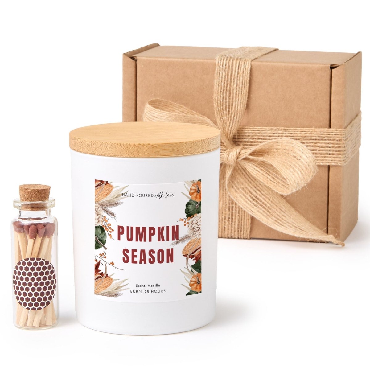 Pumpkin Season Soy Candle, Fall Autumn Hostess Gift, Vanilla Scented Jar with Wooden Lid, Gift Box and Matches