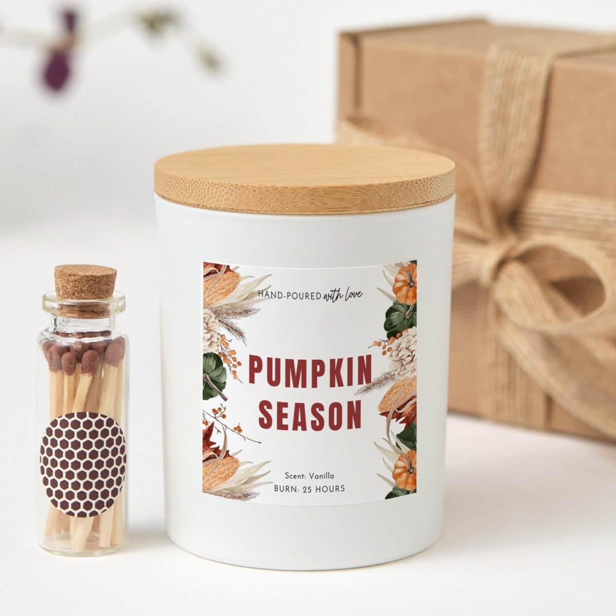 Pumpkin Season Soy Candle, Fall Autumn Hostess Gift, Vanilla Scented Jar with Wooden Lid, Gift Box and Matches