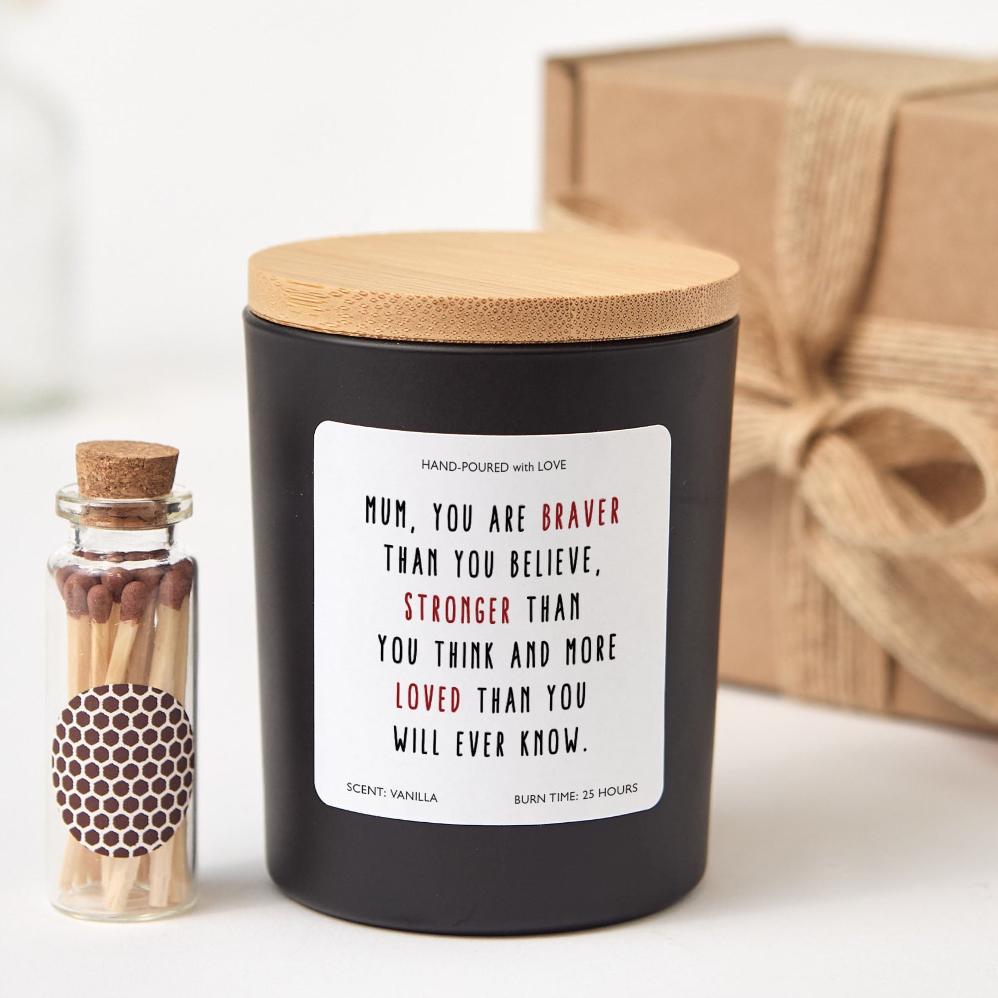 Sentimental Mom Quote Candle Gift Box| Braver Stronger Loved Message with Mini Matches Mother's Day Present