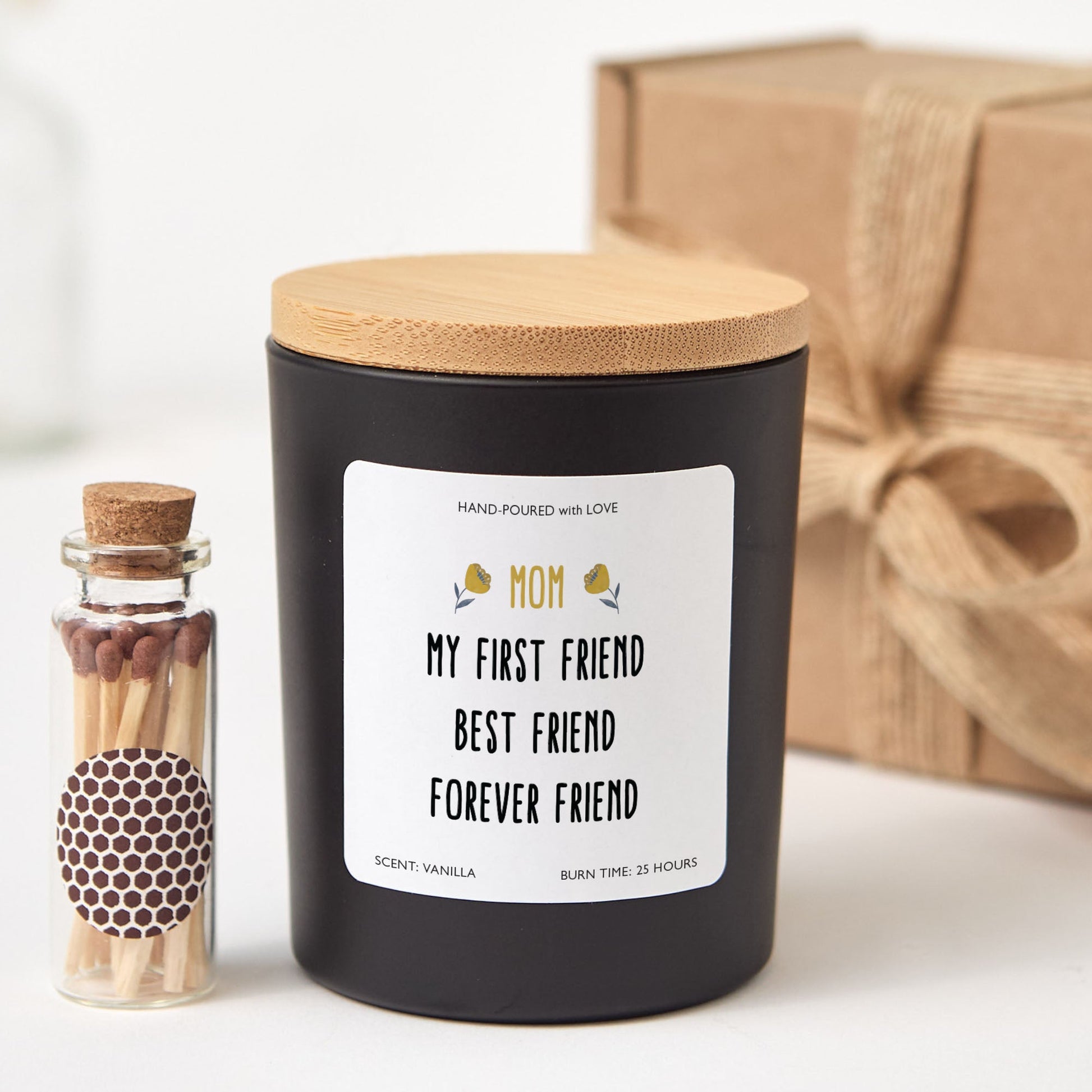 Sentimental Mom Scented Candle Gift | My First Friend Quote Design with Gift Box and Mini Matches Mother's Day