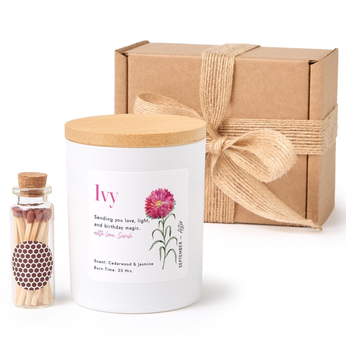 September Birth Flower Personalized Soy Candle Gift for Her Birthday Aster Floral Present, Comes with Matches Free Gift Wrap