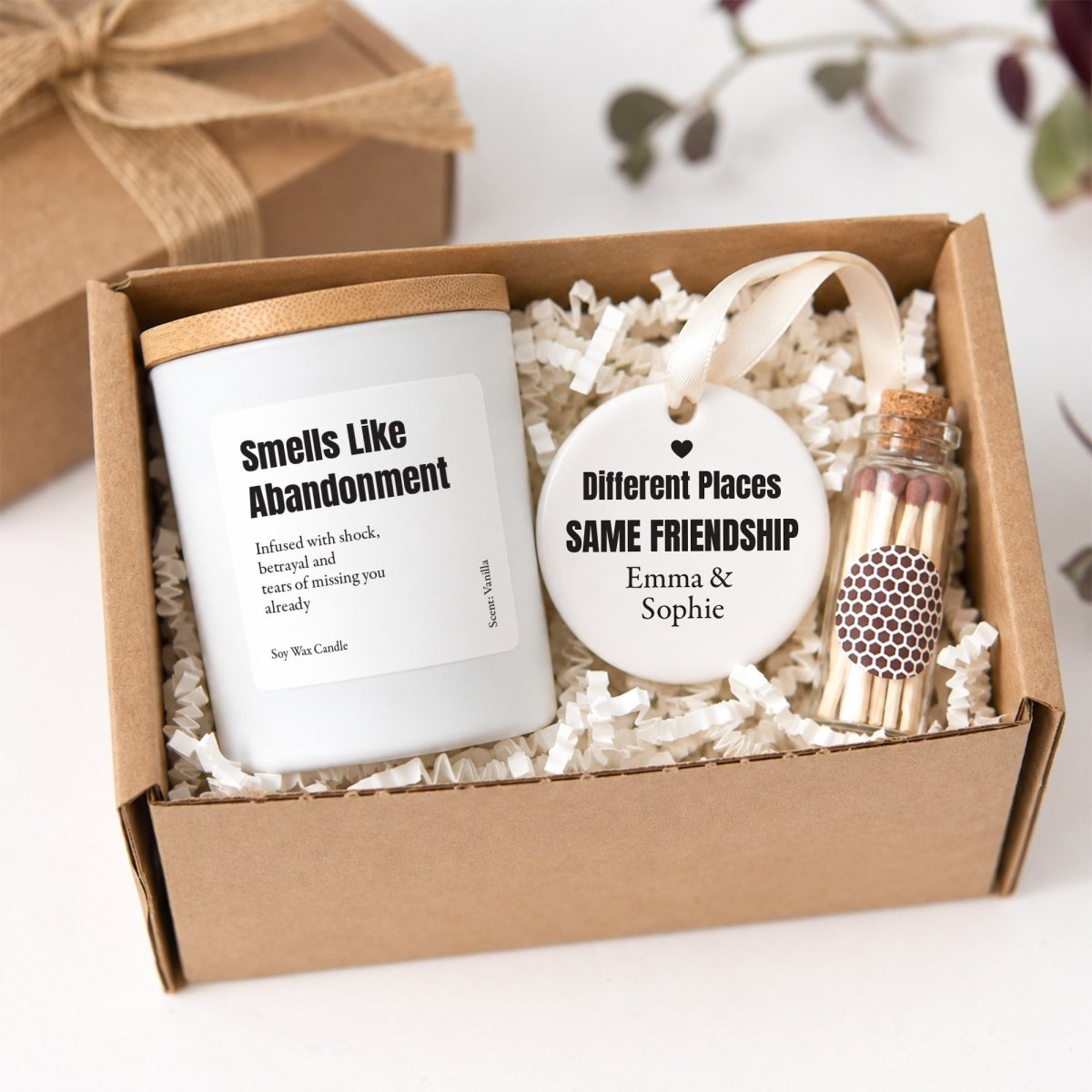 Smells Like Abandonment Candle; Funny Long Distance Friendship Gift with Name Ornament and Ready-to-Give Box