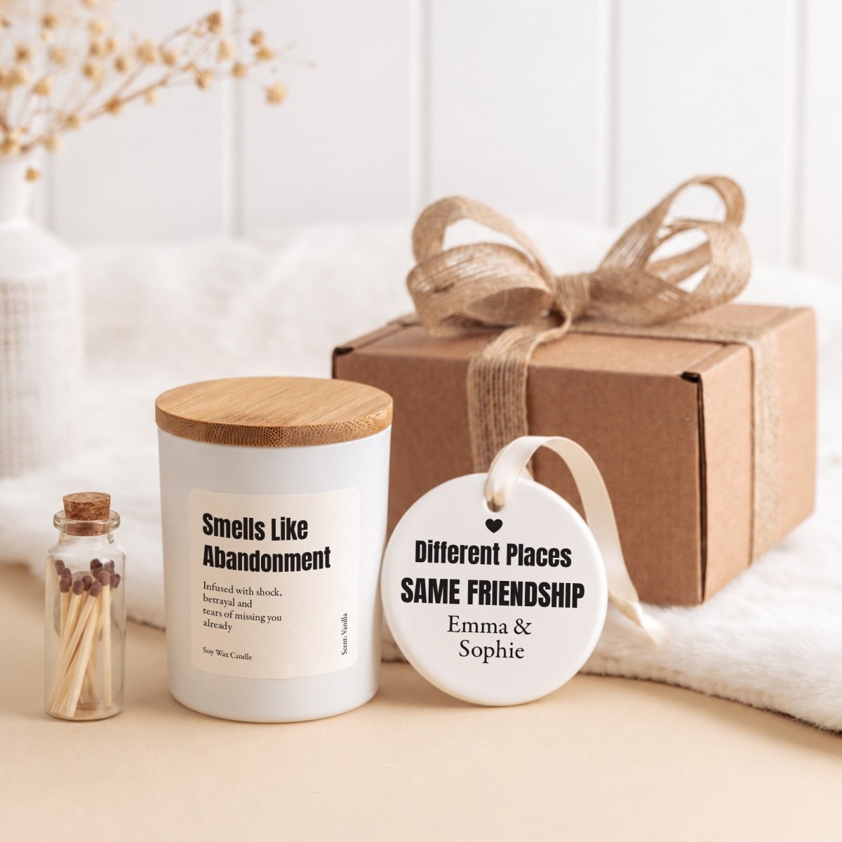 Smells Like Abandonment Candle; Funny Long Distance Friendship Gift with Name Ornament and Ready-to-Give Box