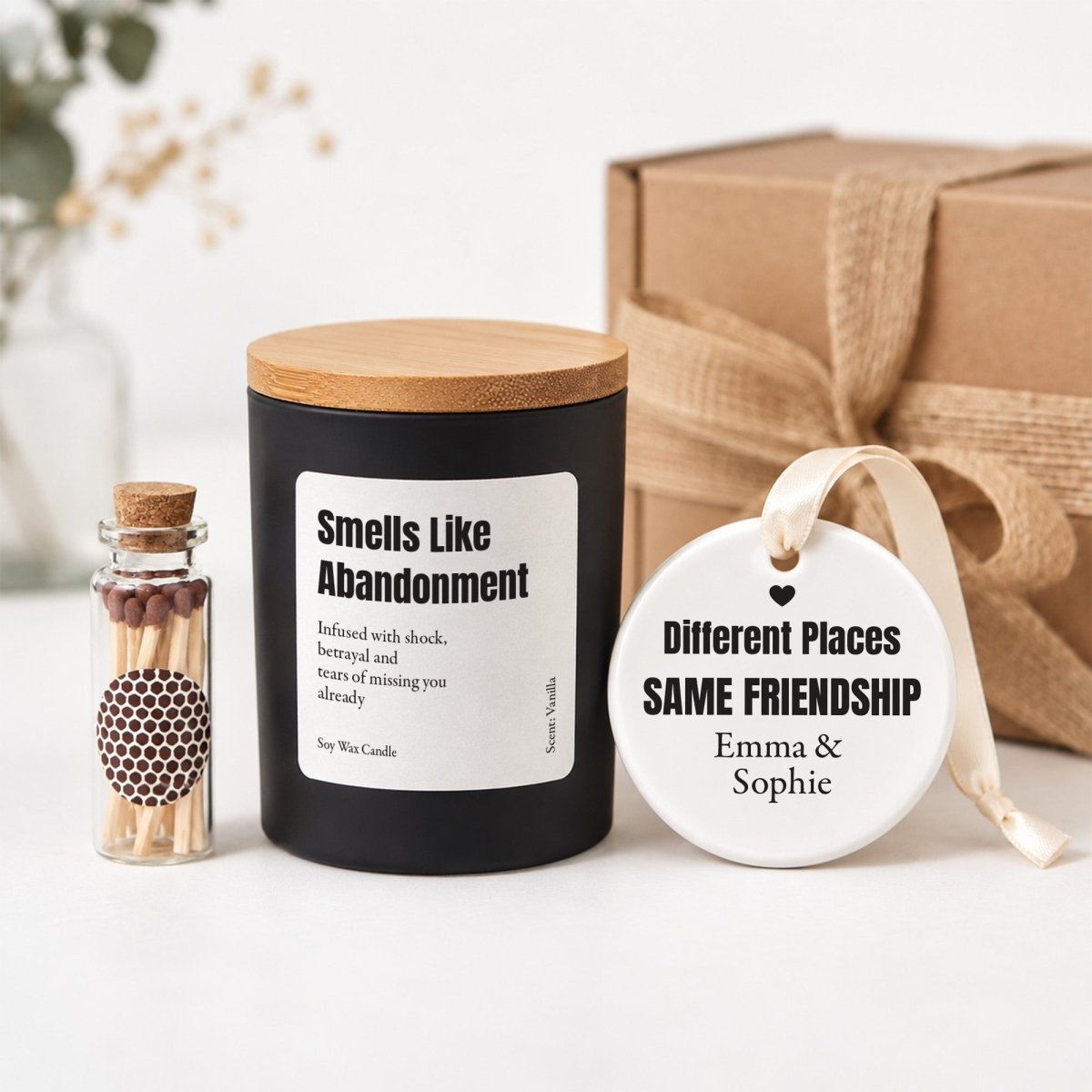 Smells Like Abandonment Candle; Funny Long Distance Friendship Gift with Name Ornament and Ready-to-Give Box