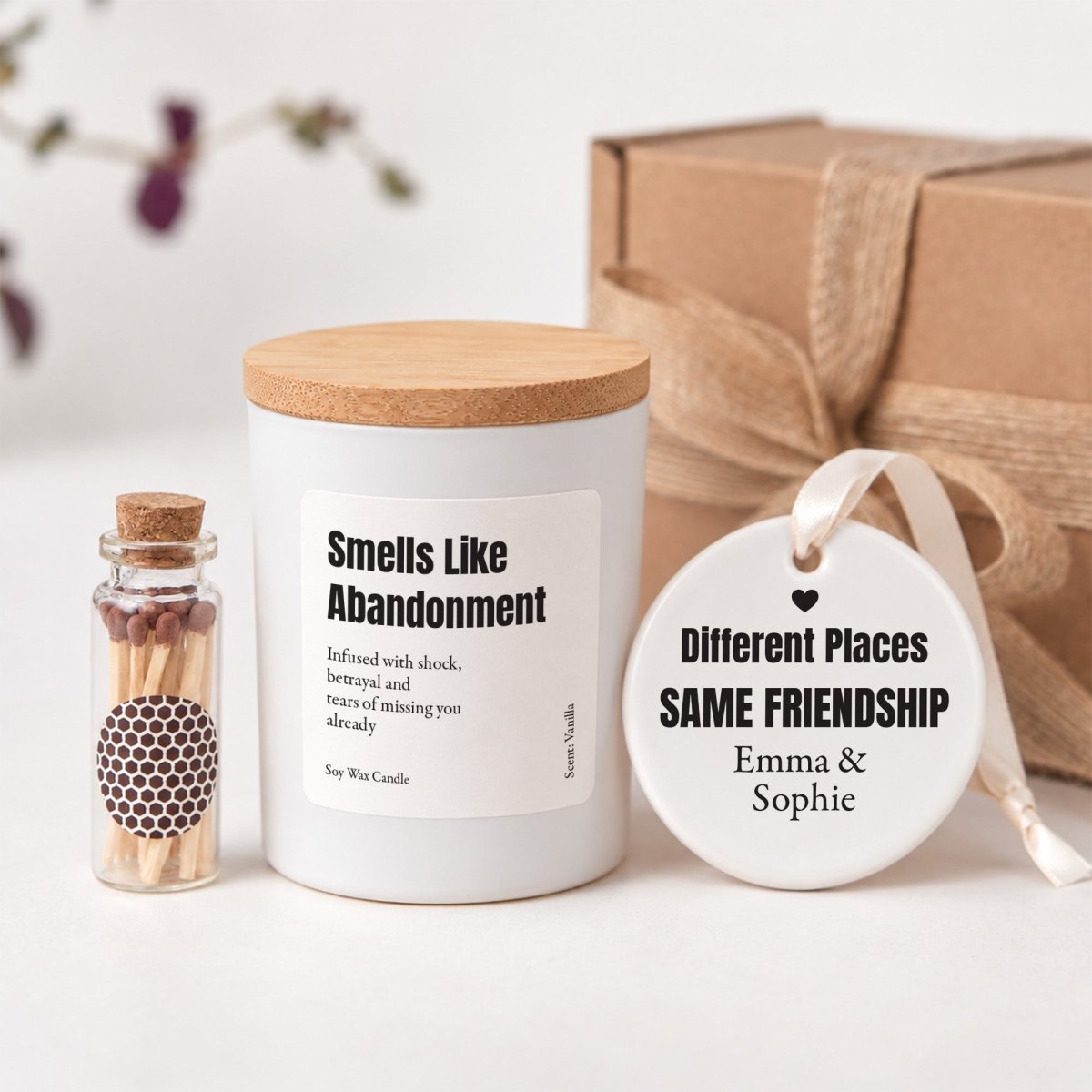 Smells Like Abandonment Candle; Funny Long Distance Friendship Gift with Name Ornament and Ready-to-Give Box