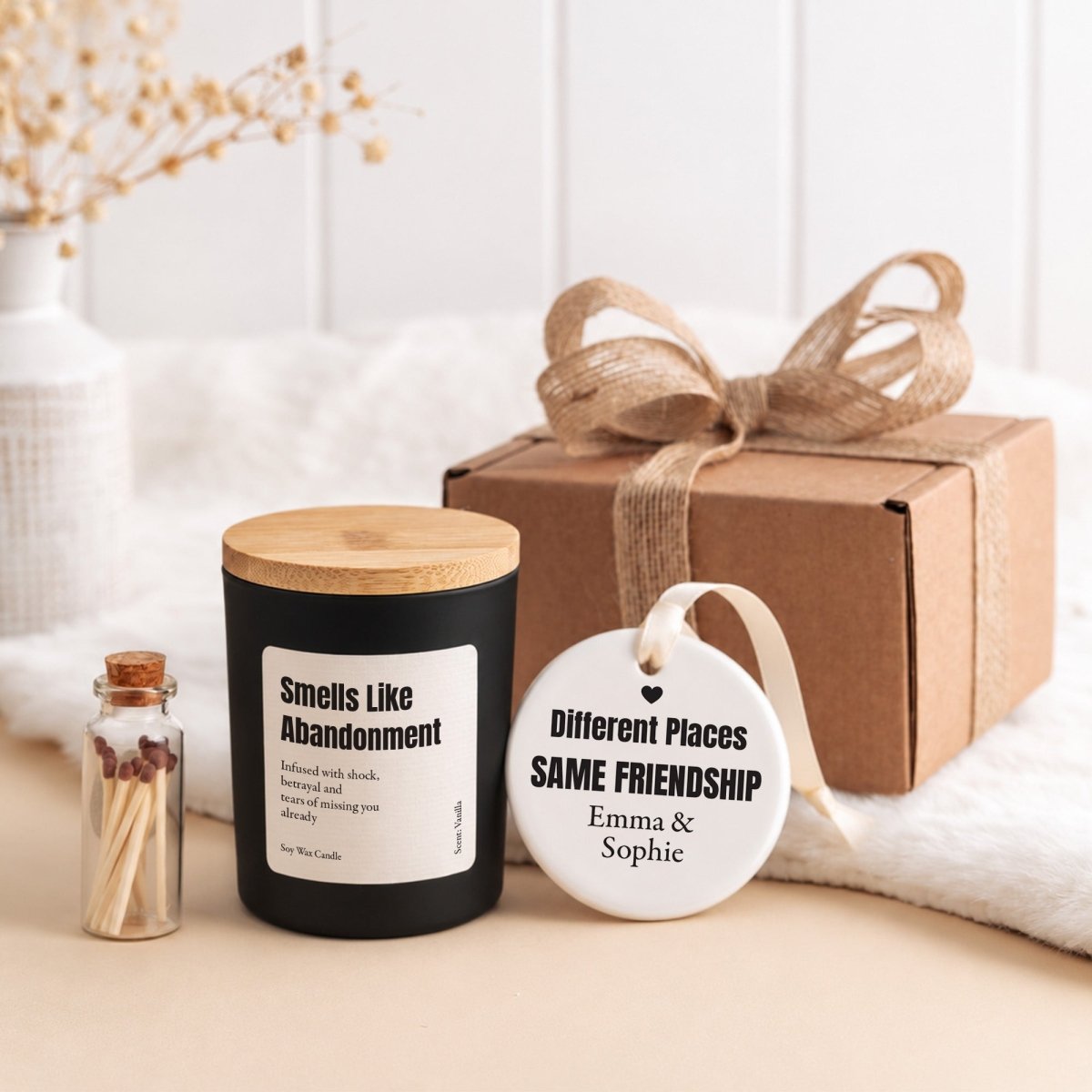 Smells Like Abandonment Candle; Funny Long Distance Friendship Gift with Name Ornament and Ready-to-Give Box