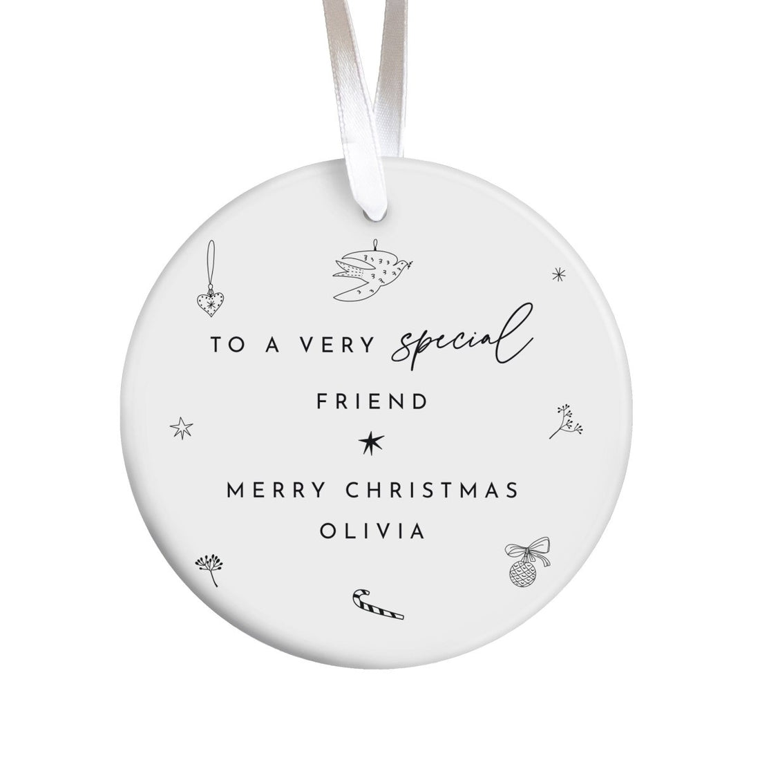 Special Friend Christmas Ornament, Personalized Name Keepsake with Delicate Holiday Illustrations, Thoughtful Gift