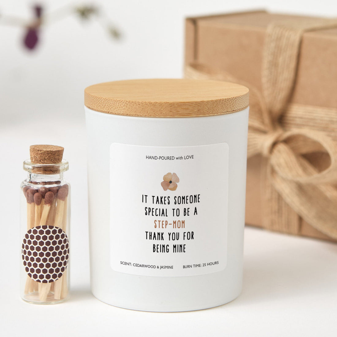 Step Mom Scented Candle Gift | Thank You Step Mom Quote with Gift Box and Mini Matches