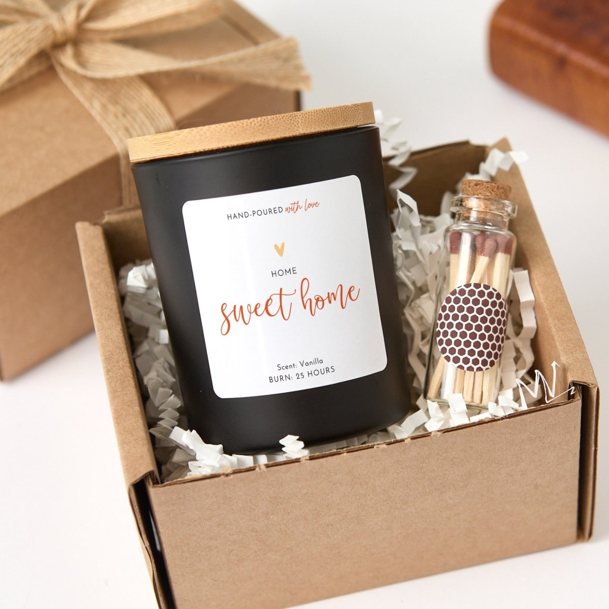 Sweet Home Candle; Housewarming Gift for New Homeowners; Matte Black Jar, Bamboo Lid, Matches and Gift Box