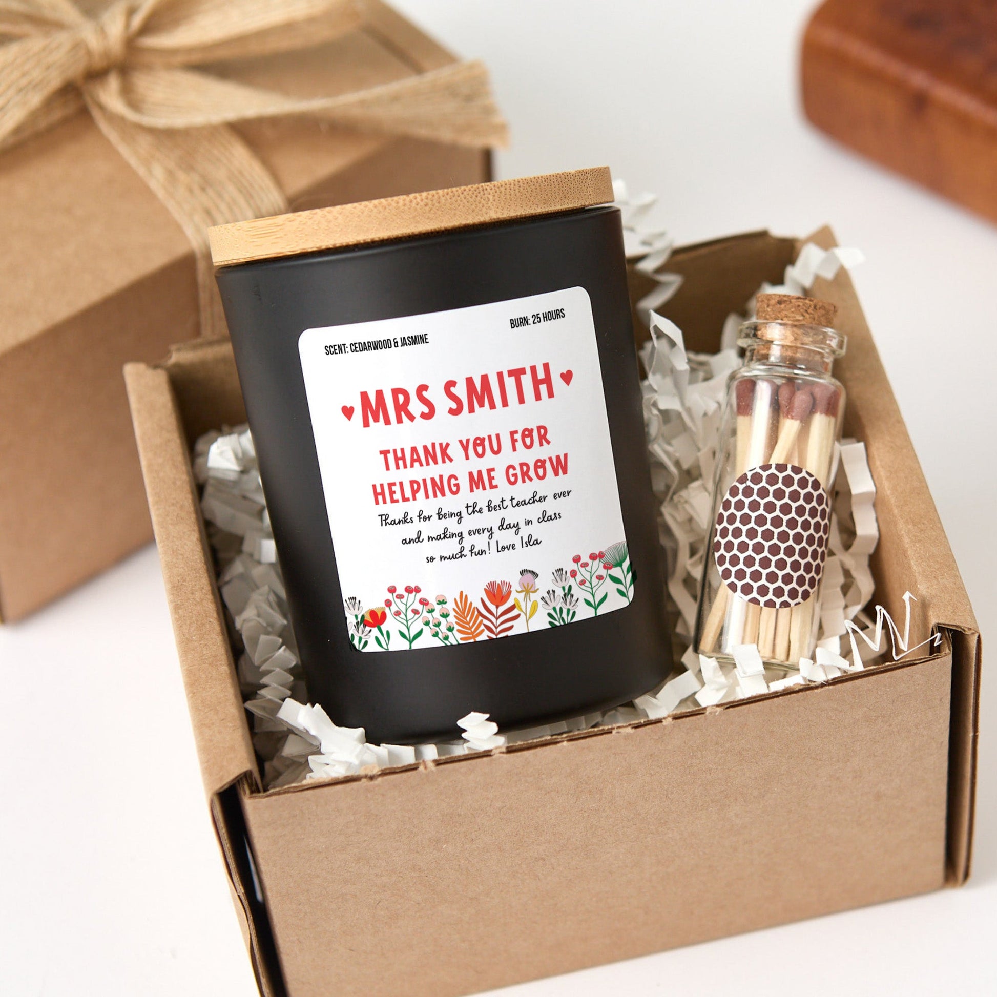 Teacher Thank You Candle, Personalized Teacher Gift, End of Year Gift Box with Matches